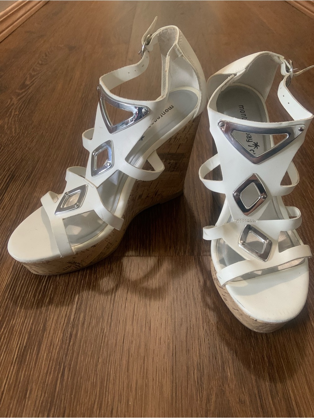 White Cork Wedge Sandals with Silver Accents